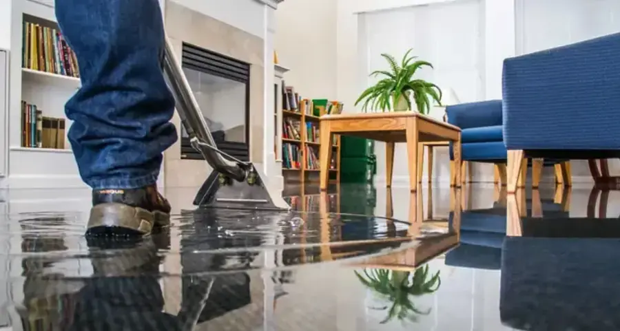 Restoration technician extracting standing water from a flooded Torrance, CA living room floor